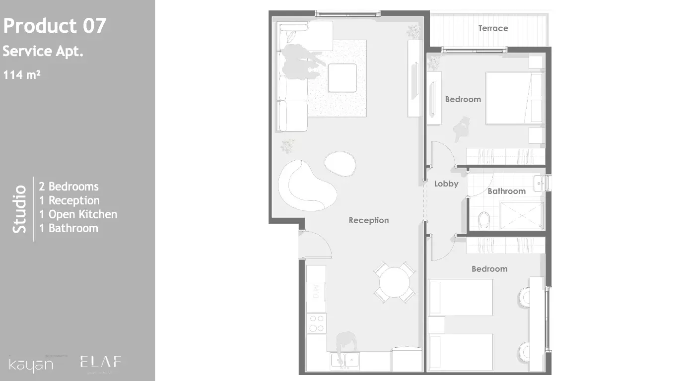 شقة · غرفتين · 101–114 م² في Aqmar Compound 6 October by Kayan Developments 3