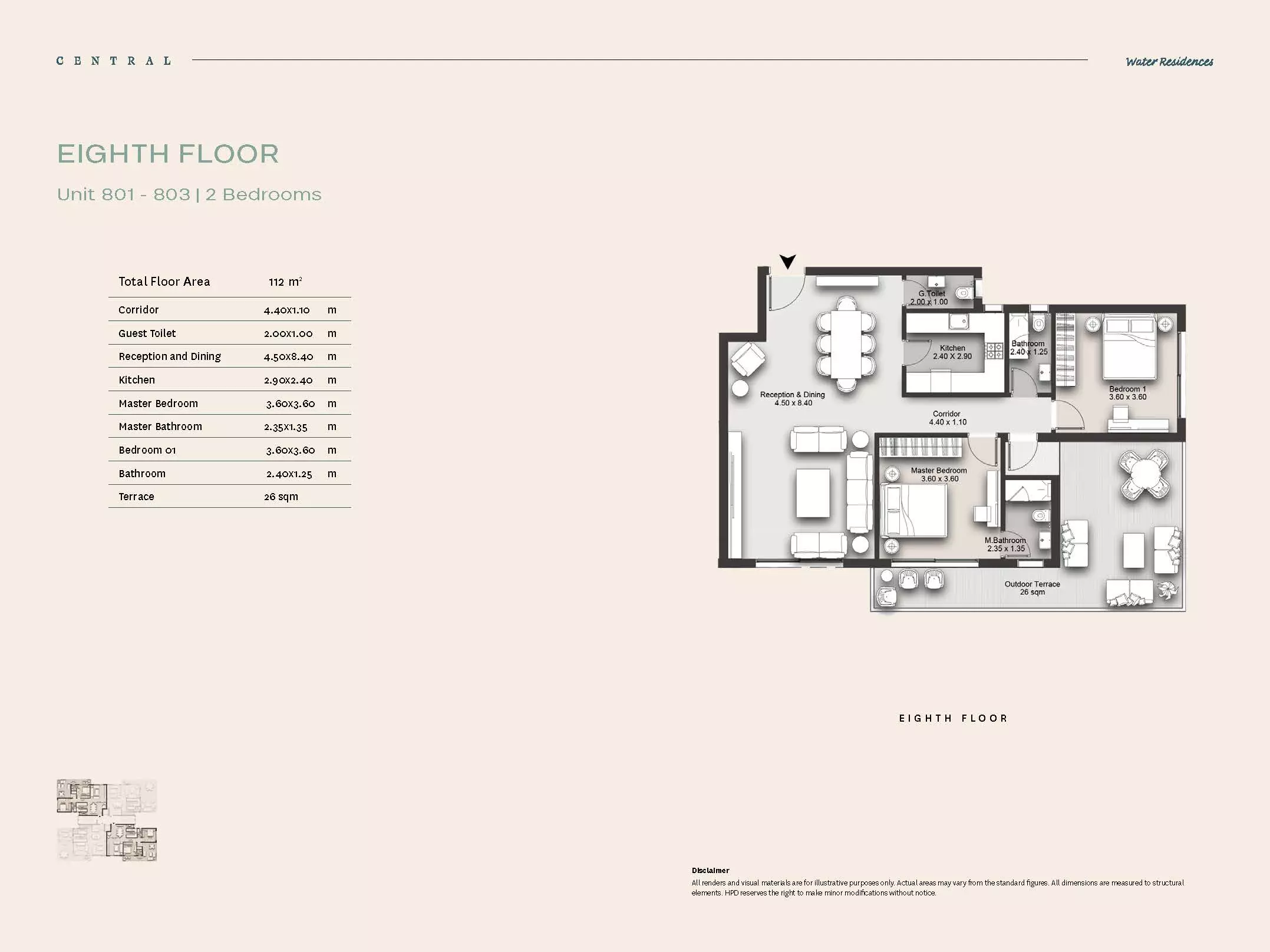 شقة · غرفتين · 100–112 م² في Central Water Residences 2